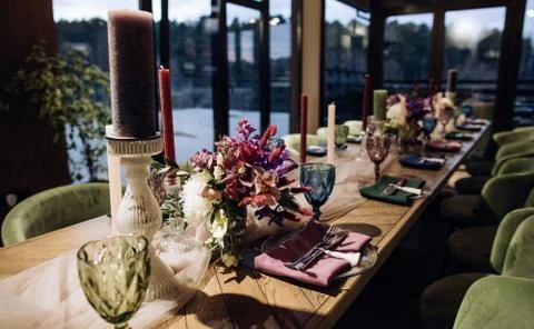 Beautiful restaurant table setting for wedding party Stock Photos