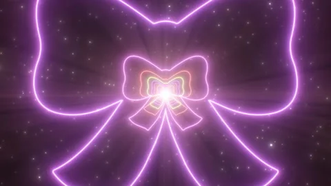 Beautiful Ribbon Bow Shape Abstract Glow Particles Neon Lights Tunnel Stock Footage 168974868
