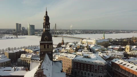 Beautiful Riga Dome Cathedral in front of a cityscape shot by a drone. Stock Footage 147032204