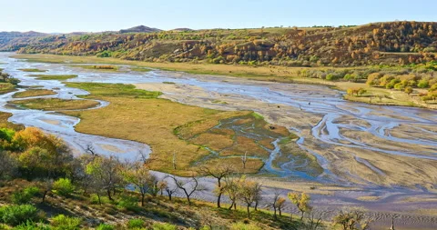 Beautiful river and sandy beaches in Inner Mongolia, China. Stock Footage 180338599