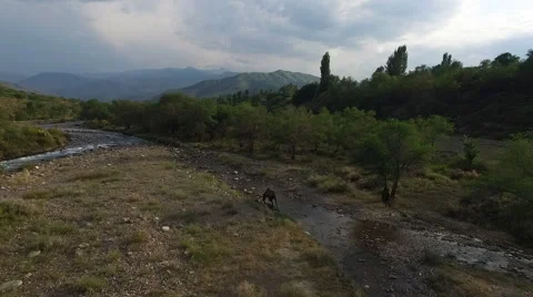 Beautiful river on the background of clouds and mountains. Kazakhstan. Stock Footage 68512135
