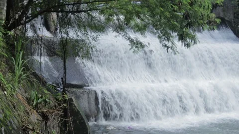 Beautiful River Flows from Three Level Dam with Clean Water Stock Footage 267717521