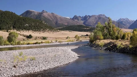 Beautiful River Flows Through Mountains On Sunny Day In Autumn 스톡 동영상 145821362