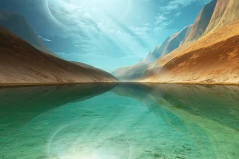 A beautiful river reflects light rays coming down from the sky. 스톡 일러스트