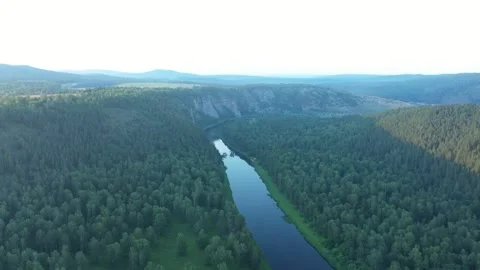 Beautiful river surrounded by forest during dawn Vídeo Stock 254350216