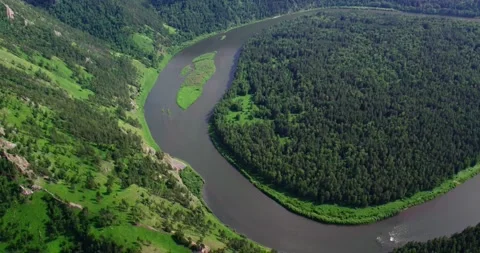 A beautiful river surrounds the forest, view from a drone. Stock Footage 196004501