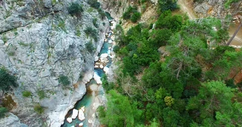 Beautiful River, Tree, Cliff and Path 4k Aerial View Stock Footage 148413147