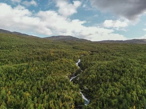 A beautiful river valley between forests. Mountain view in the background. Stock Photos