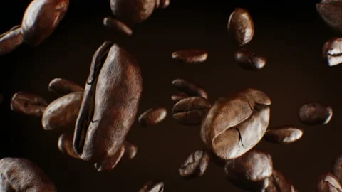 Beautiful Roasted Coffee Beans Falling Down Close-up in Slow Motion Seamless CG Stock Footage 101521279