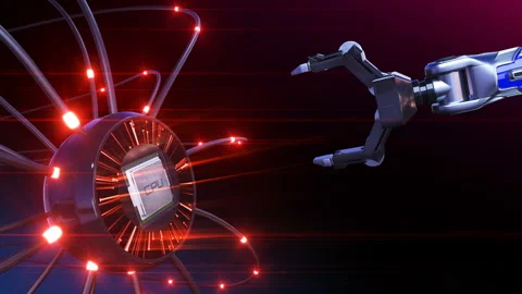 Beautiful Robot Arm Installing CPU on Futuristic Circuit Board with Red Signals Stock Footage 91040672