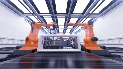 Beautiful Robotic Arms Assembling Computer Cases On Conveyor Belt. Futuristic Stock Footage
