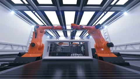 Beautiful Robotic Arms Assembling Computer Cases On Conveyor Belt 動画素材 89651397