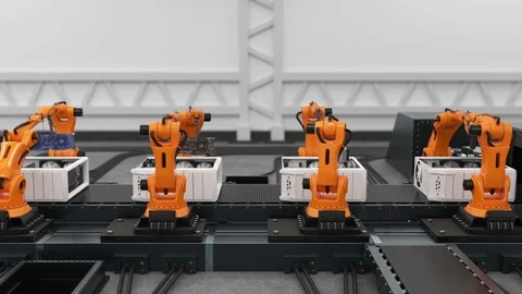 Beautiful Robotic Arms Assembling Computers On Conveyor Belt. Advanced Automated Stock Footage 83306355