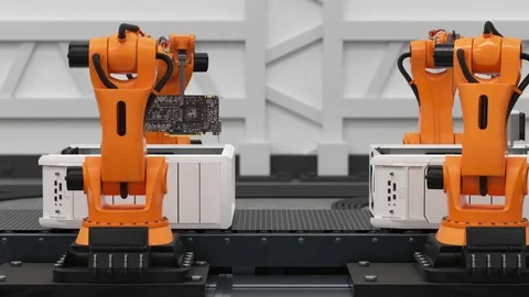 Beautiful Robotic Arms Assembling Computers On Conveyor Belt. Advanced Automated Stock Footage 83306409