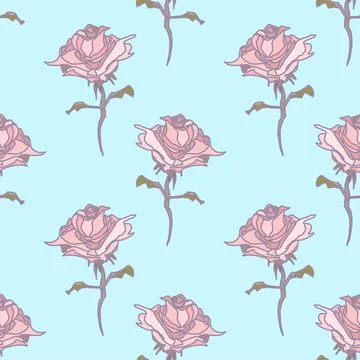 Beautiful roses vector seamless repeatable pattern in pale pink on a baby blu 스톡 일러스트