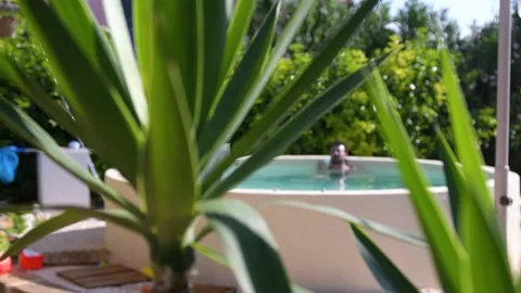 Beautiful round pool surrounded Stock Footage 141349748