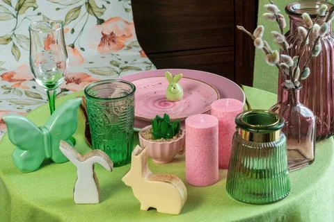 Beautiful round table with decorations in the dining room. Figure of a rabbit Stock Photos
