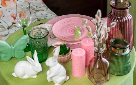 Beautiful round table with decorations in the dining room. Figure of a rabbit Stock Photos