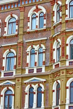 Beautiful rows of windows on an old building in Helsinki Stock Photos