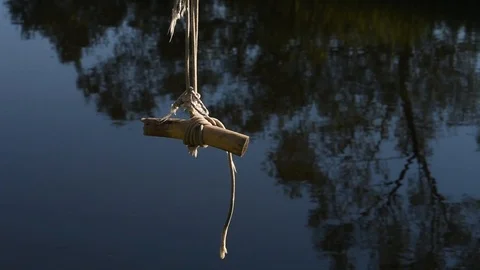 Beautiful russian small river and bungee jump rope on a tree Stock Footage 104956820