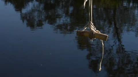 Beautiful russian small river and bungee jump rope on a tree Stock Footage 104956837