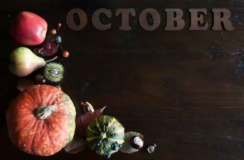 Beautiful rustic fall flat lay with leaves, pumpkins october Stock Photos