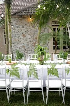 Beautiful rustic garden wedding setup Stock Photos