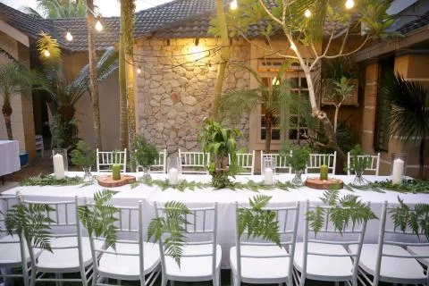 Beautiful rustic garden wedding setup Stock Photos