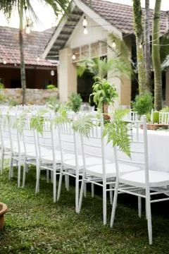 Beautiful rustic garden wedding setup Stock Photos