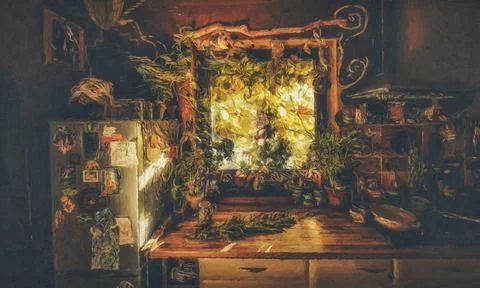 Beautiful rustic kitchen, Kitchen with dried herbs. . Painting effect. Stock Illustration