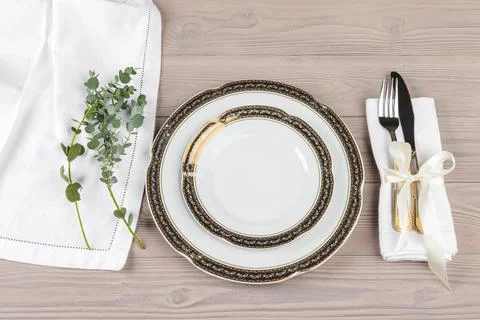 Beautiful rustic table setting on wooden table Stock Photos