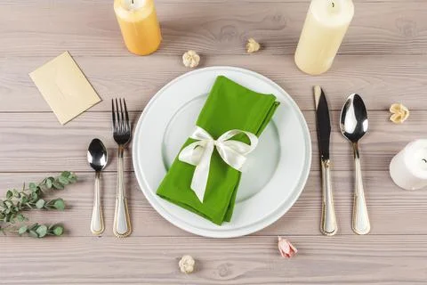 Beautiful rustic table setting on wooden table Stock Photos