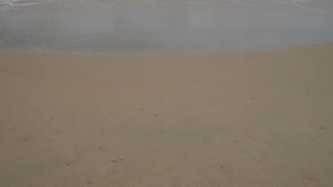 Beautiful sand beach with soft wave in sea water , cloudy rainy sky day Stock-Footage 94500312