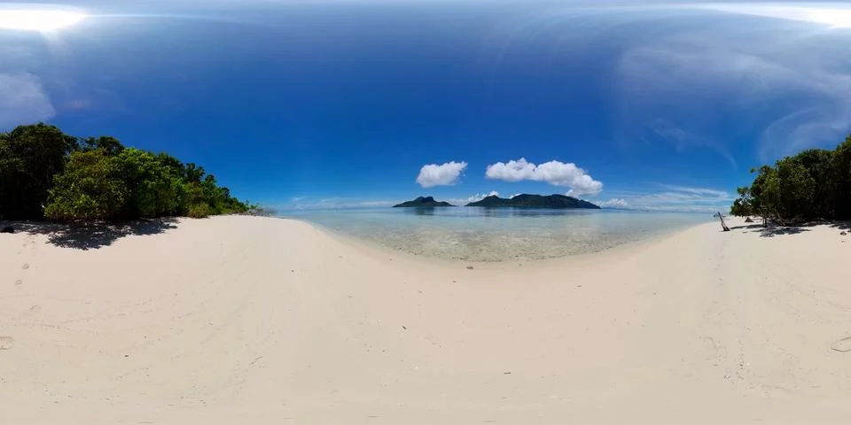 Beautiful sandy beach. Equirectangular panoramic. Stock Photos