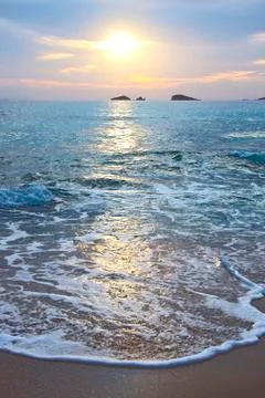 Beautiful sandy Cala Comte beach with azure blue sea water, Ibiza island, Spa Stock Photos
