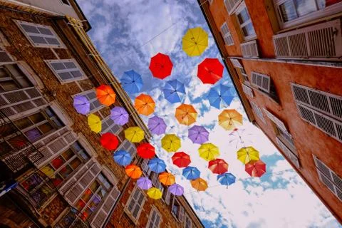 Beautiful scene of coloring umbrellas Stock Photos