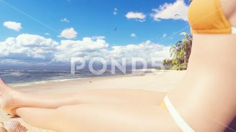 Beautiful scene with sexy woman on the ocean beach at sunrise. 3D Rendering Stock Illustration