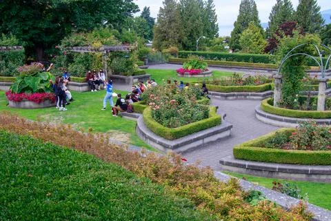 Beautiful scene shot from UBC Botanical Garden showing ocean and mountains .. Stock Photos