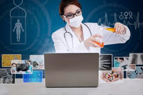Beautiful scientist pouring solution on blue background Illustrazione stock