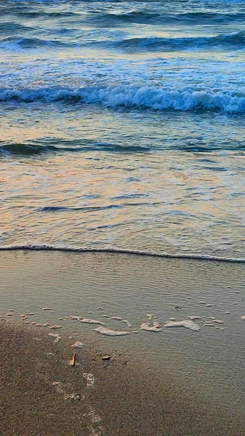 Beautiful sea waves rolling onto sandy beach seashore summer morning at dawn Stock Footage 279319959
