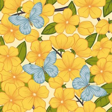 Beautiful seamless background with branches of flowering trees and butterflie Stock Illustration