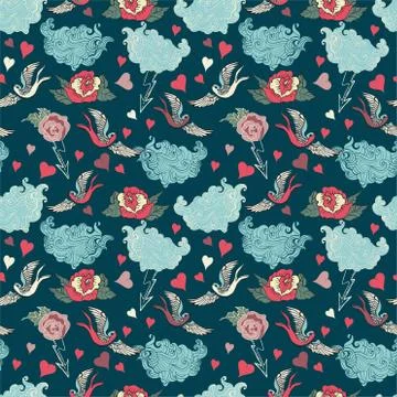 Beautiful seamless background with clouds and swallow Stock Illustration