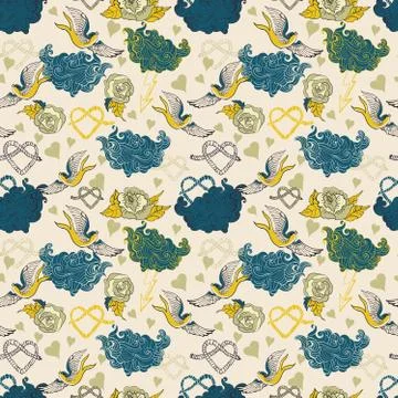 Beautiful seamless background with clouds and swallow Stock Illustration