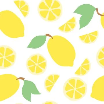 Beautiful seamless doodle pattern with cute yellow lemons and slice silhoue.. Stock Illustration