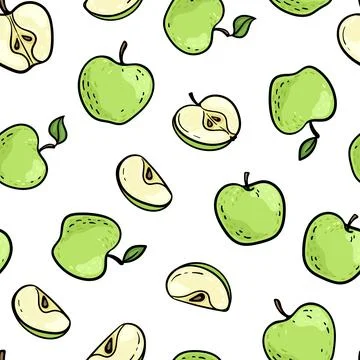 Beautiful seamless doodle pattern with cute doodle green apples with black .. Stock Illustration