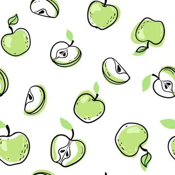 Beautiful seamless doodle pattern with cute doodle apples sketch. Hand draw.. Stock Illustration