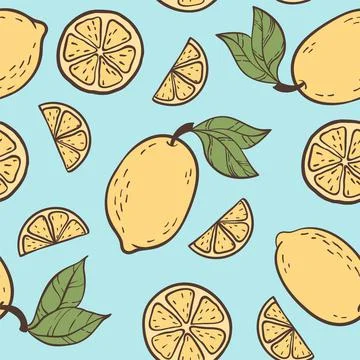 Beautiful seamless doodle pattern with vintage yellow colour cute lemons sket Stock Illustration