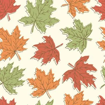 Beautiful seamless doodle pattern with vintage maple leaves sketch. design .. Stock Illustration