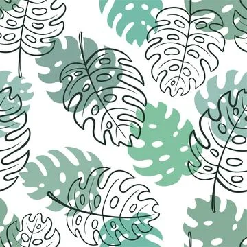 Beautiful seamless doodle pattern with vintage monstera leaves sketch. desi.. Illustrazione stock