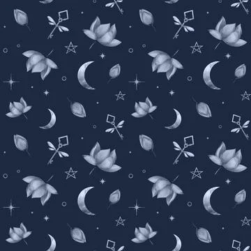 Beautiful seamless dream-like pattern featuring flowers, moons, and stars Stock Illustration